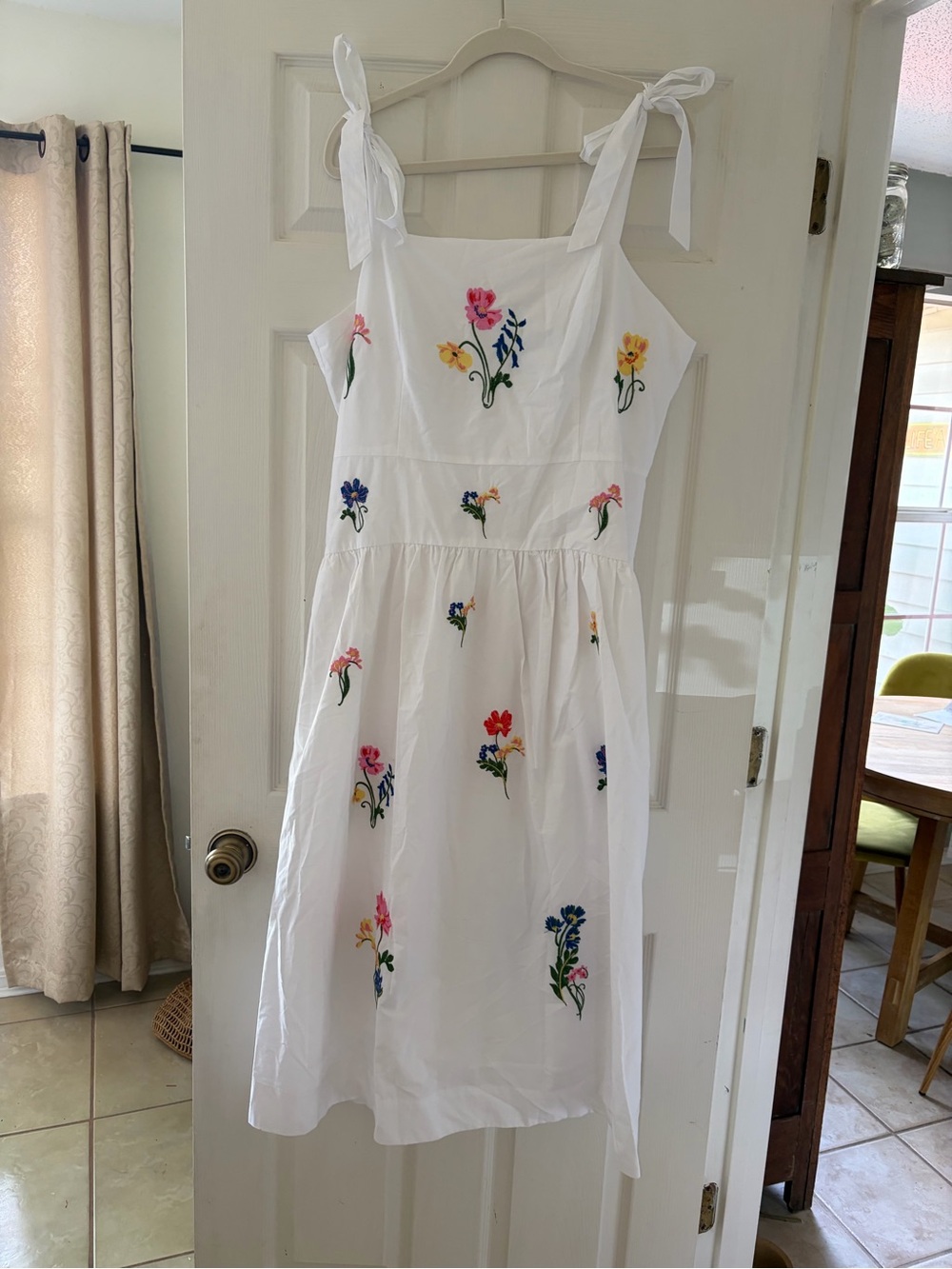 White Floral Embroidered Tie-Shoulder Midi Dress